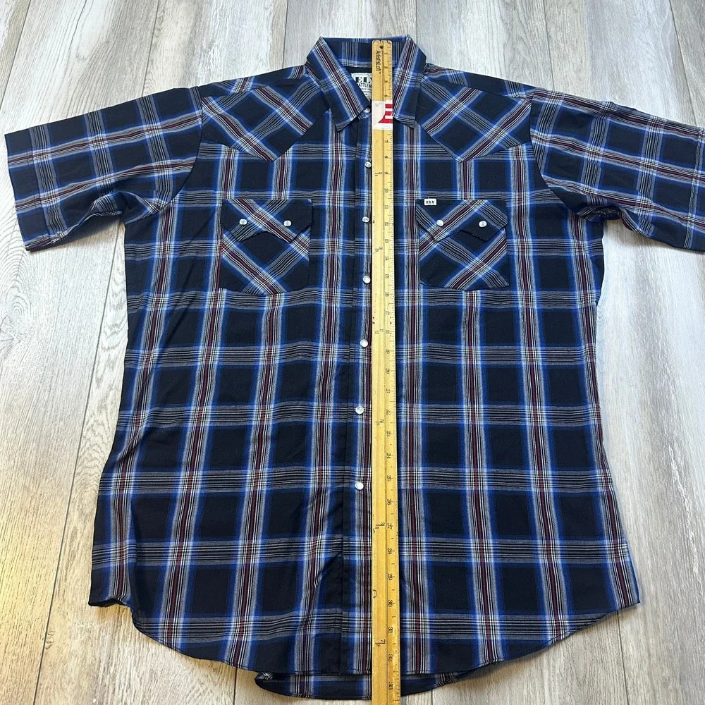 Ely Cattleman Mens Large Blue Red Plaid Pearl Snap Short Sleeve Western Shirt